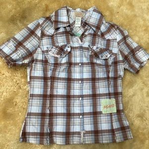 Brown plaid gingham embroidered button down shirt